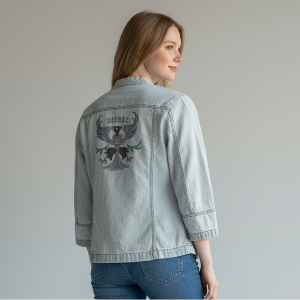 Diesel Vintage 90s Y2K  Light Blue Chambray Jacket With back Graphic details